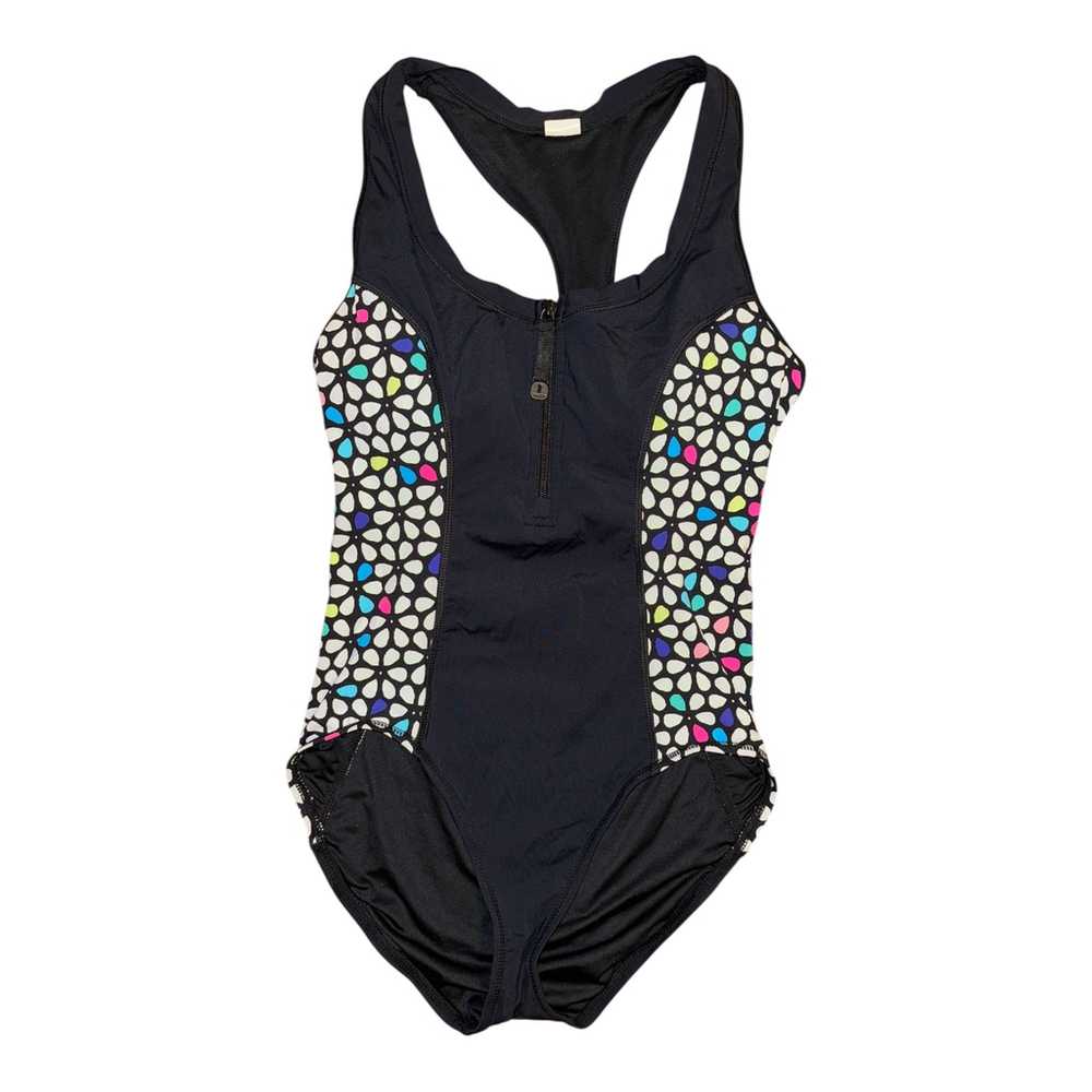 Anne Cole Locker One-Piece Swimsuit with Floral Side Panels, Black, Size 10